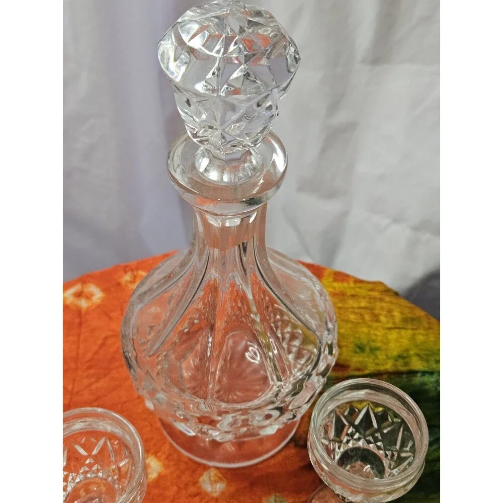 Vintage Cut Glass Decanter Set w/ Stopper & 4 Stemmed Cordial Glasses